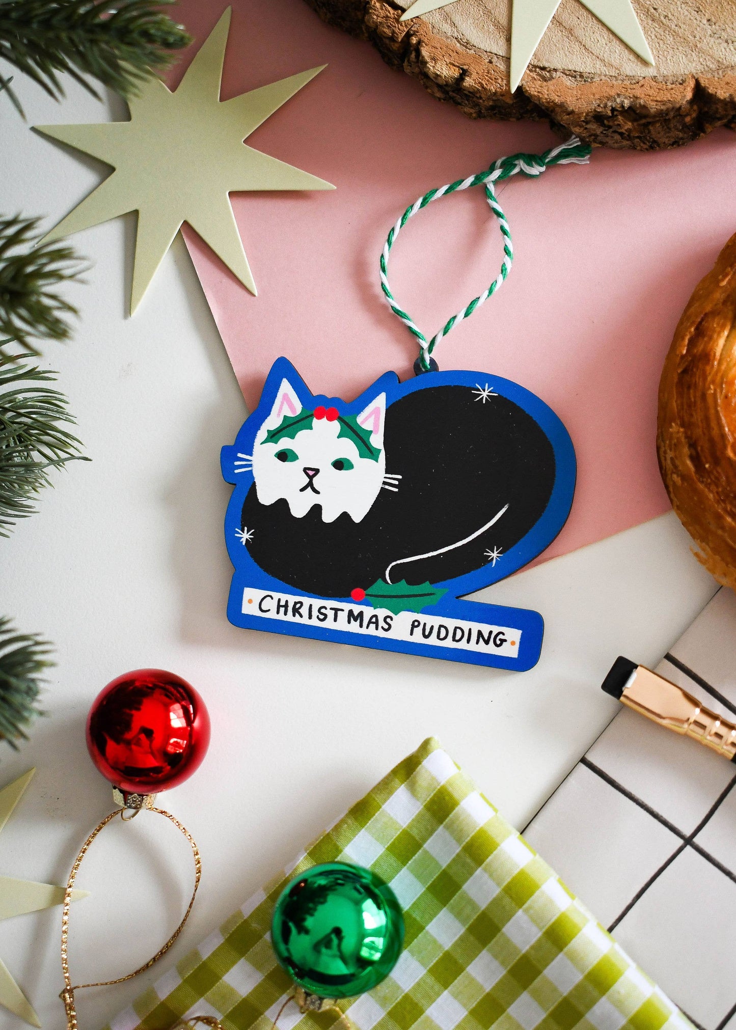 Cat Bakery- Wooden Christmas Pudding Cat Ornament