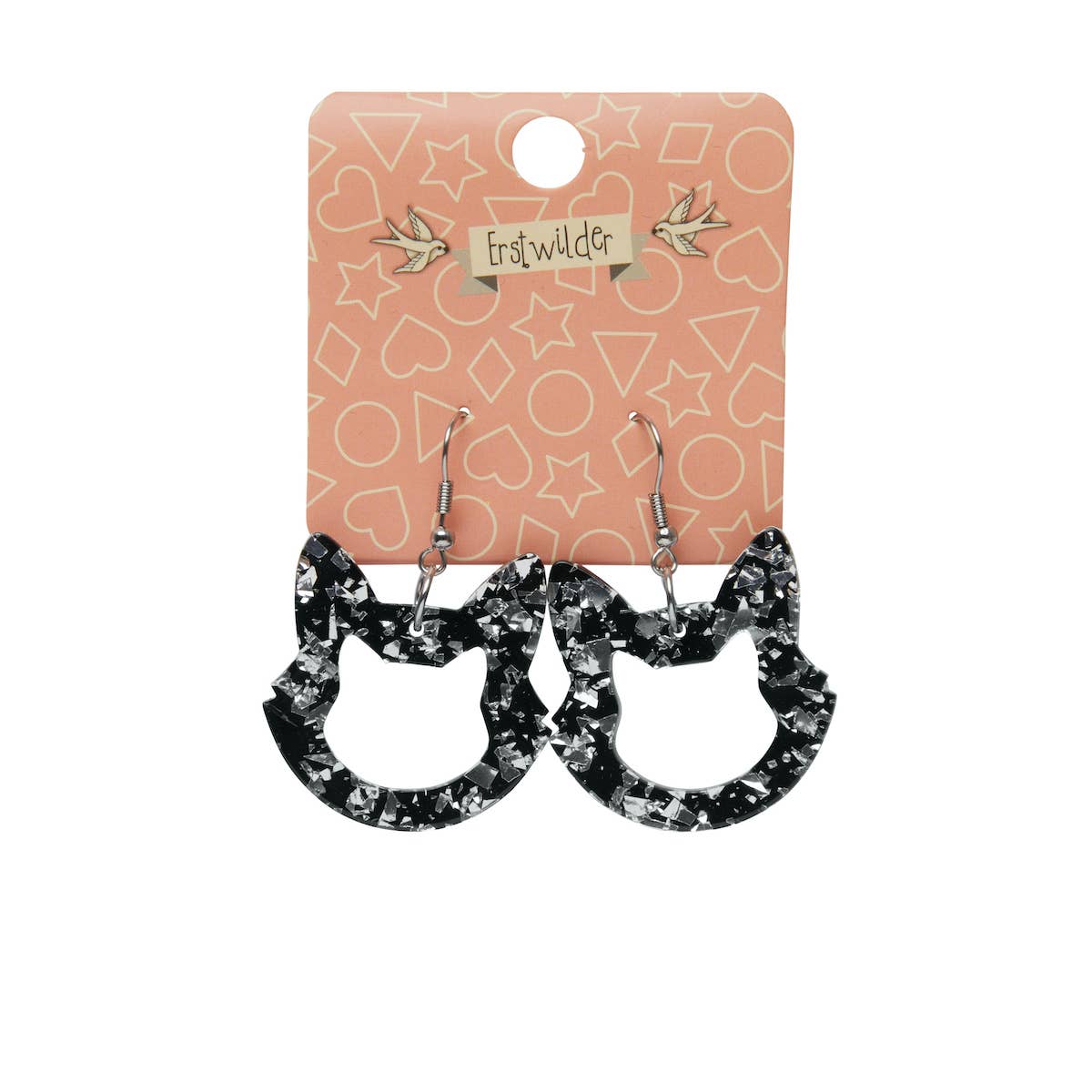 Cat Head Chunky Silver Glitter Resin Earrings