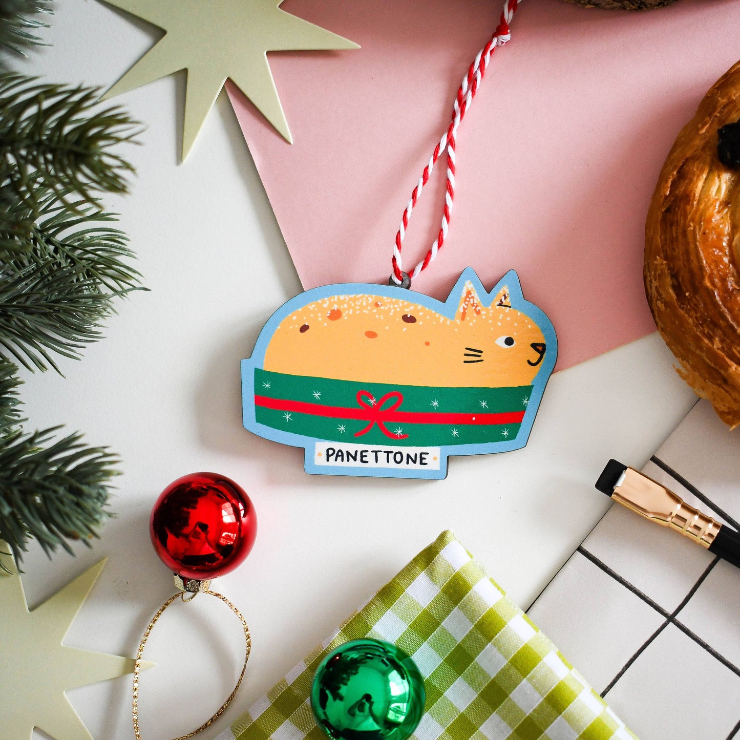 Cat Bakery- Wooden Panettone Cat Ornament