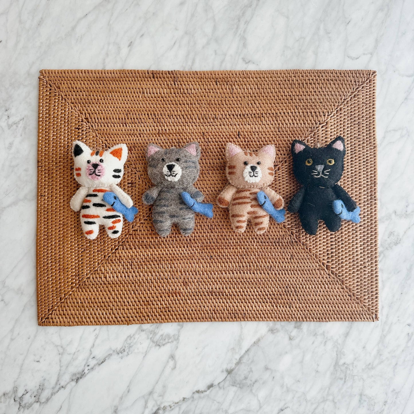 Flat Cat Holding Fish Ornament: Gray Tabby