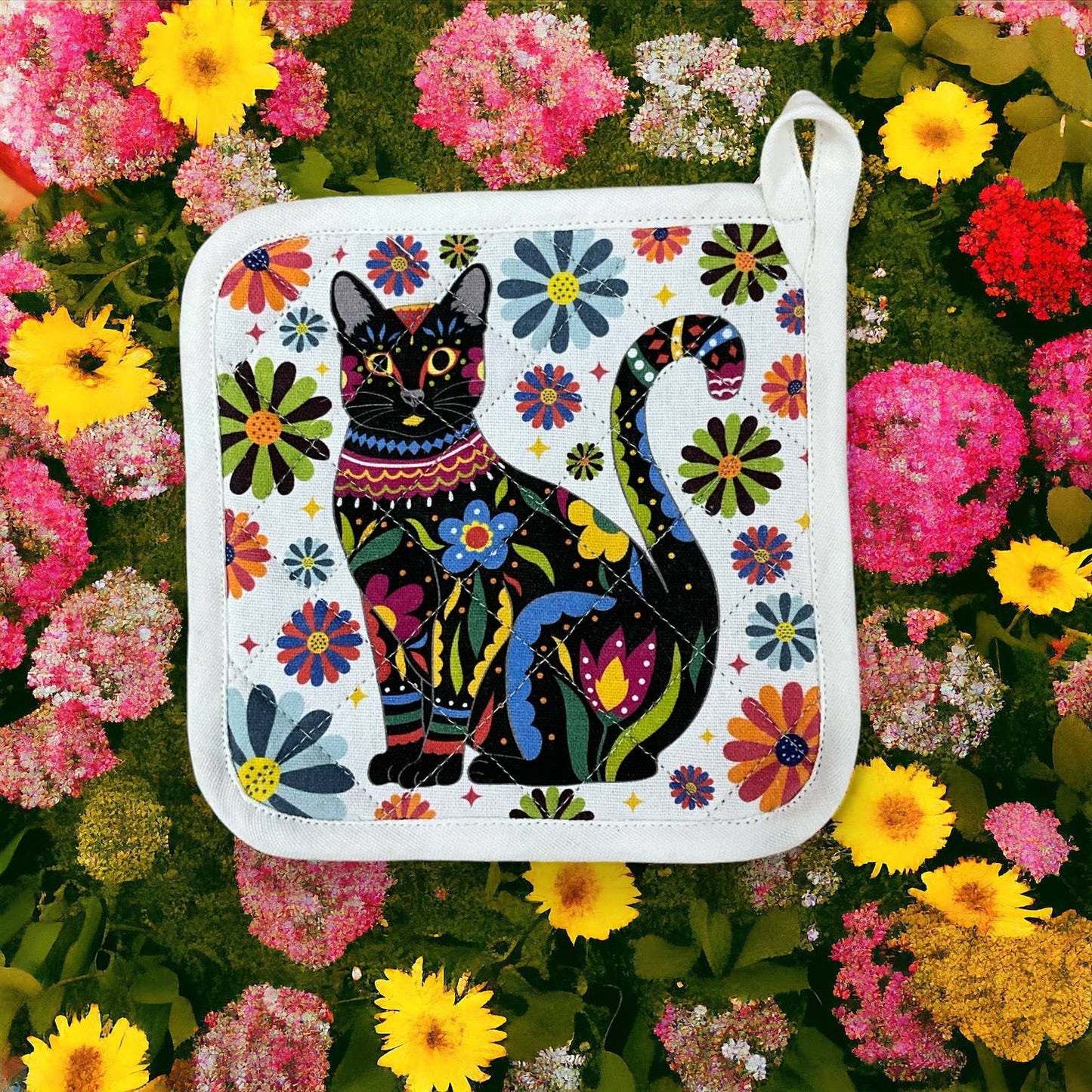 Black Kitty Cat - Feline & Florals Potholder