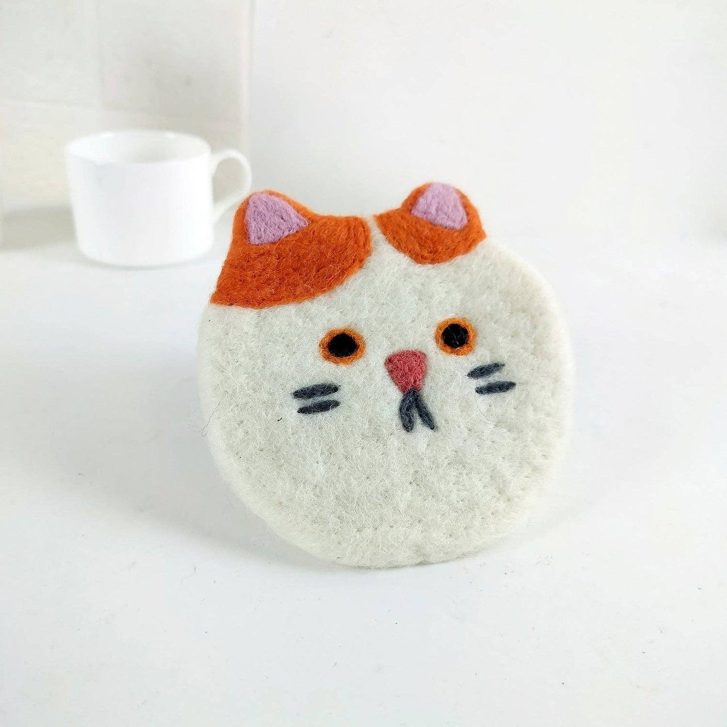 Felt Kitty Cat Coffee Cup Mug Table Mat Coasters - Happy Cats: Orange & White