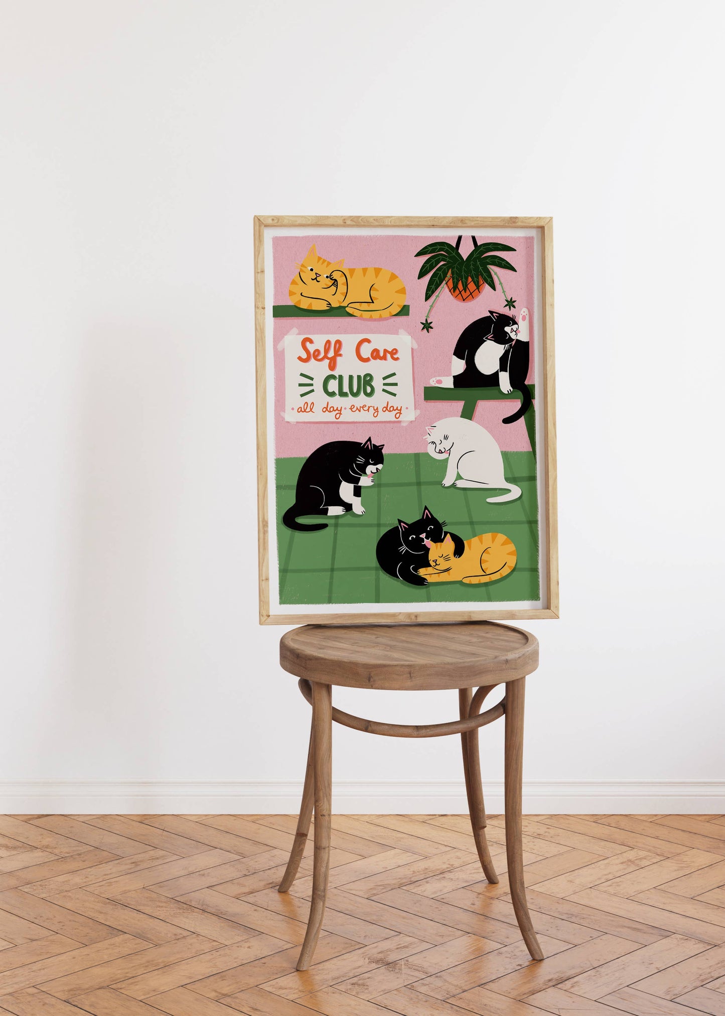 Self Care Club – Cat Illustration - A4 Art Print: Pink / Green