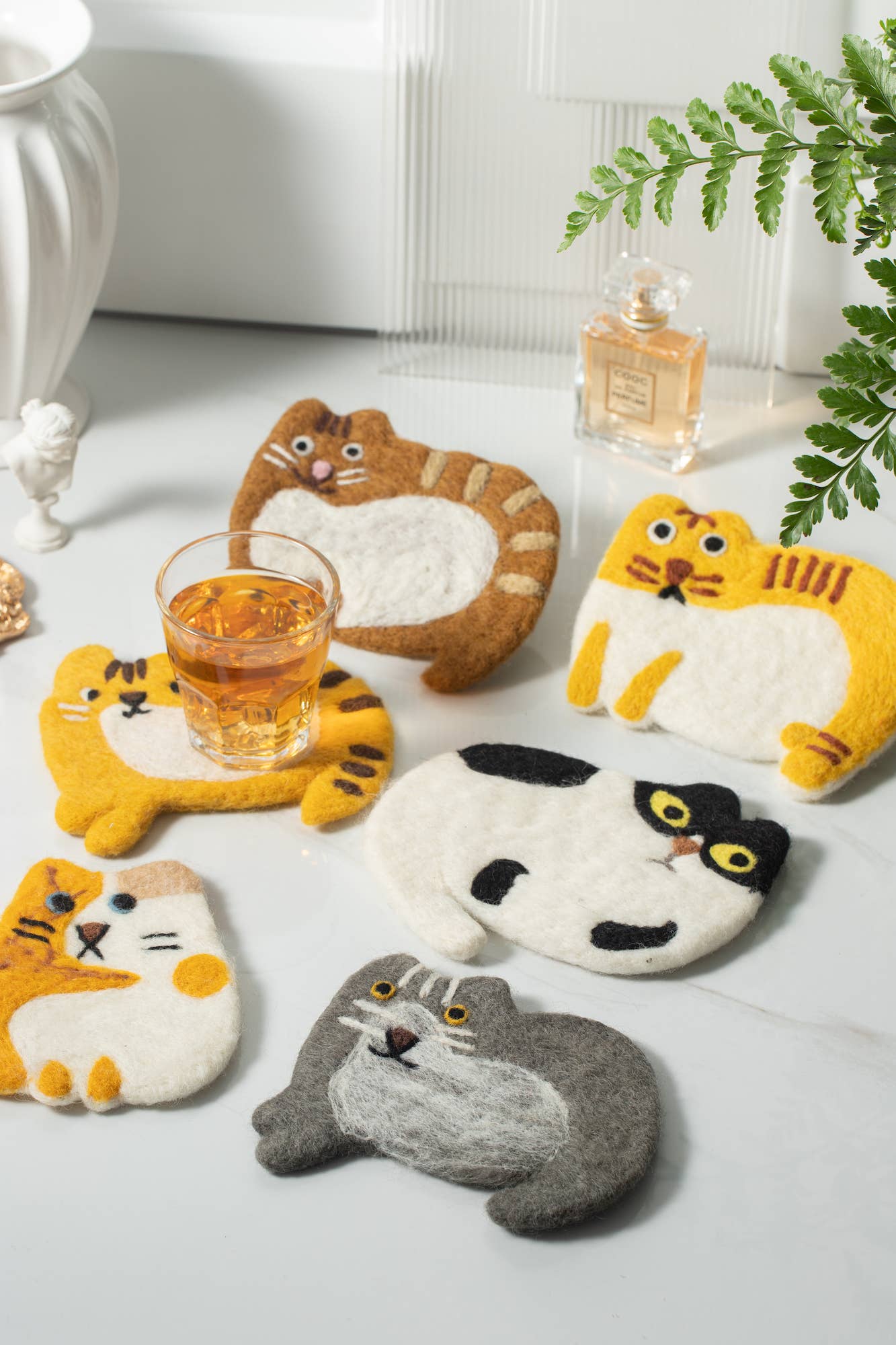 Handmade Felt Coffee Cup Mug Table Coasters - Scaredy Cats: Yellow