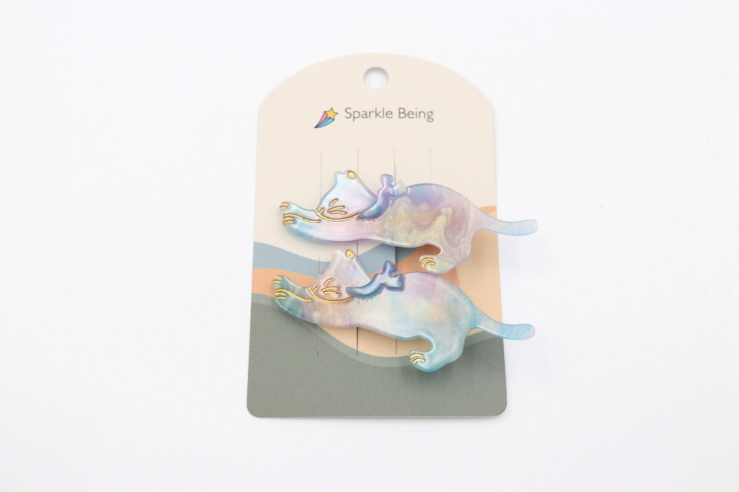 Stretching Cat Acetate Hair Clips Set of 2: Blue