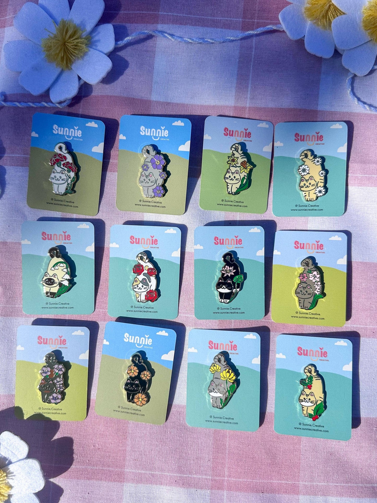 Birth Month Flower Cat Enamel Pin