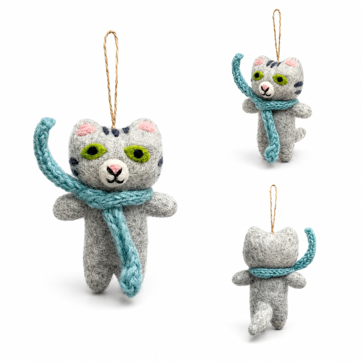 Felt Cat Ornament with Knitted Scarf: White