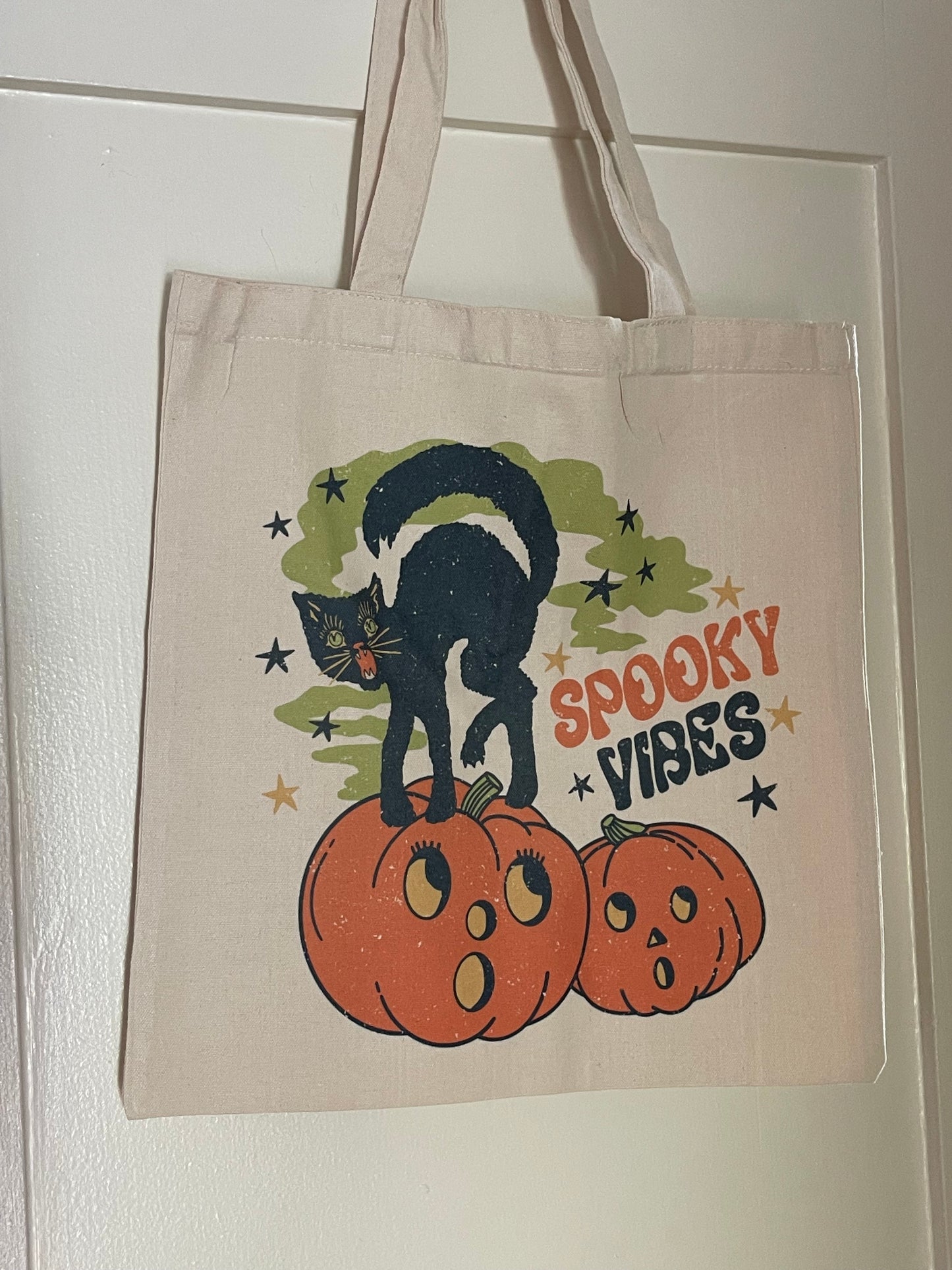 Spooky Vibes Halloween Cat Pumpkin Canvas Tote Bag