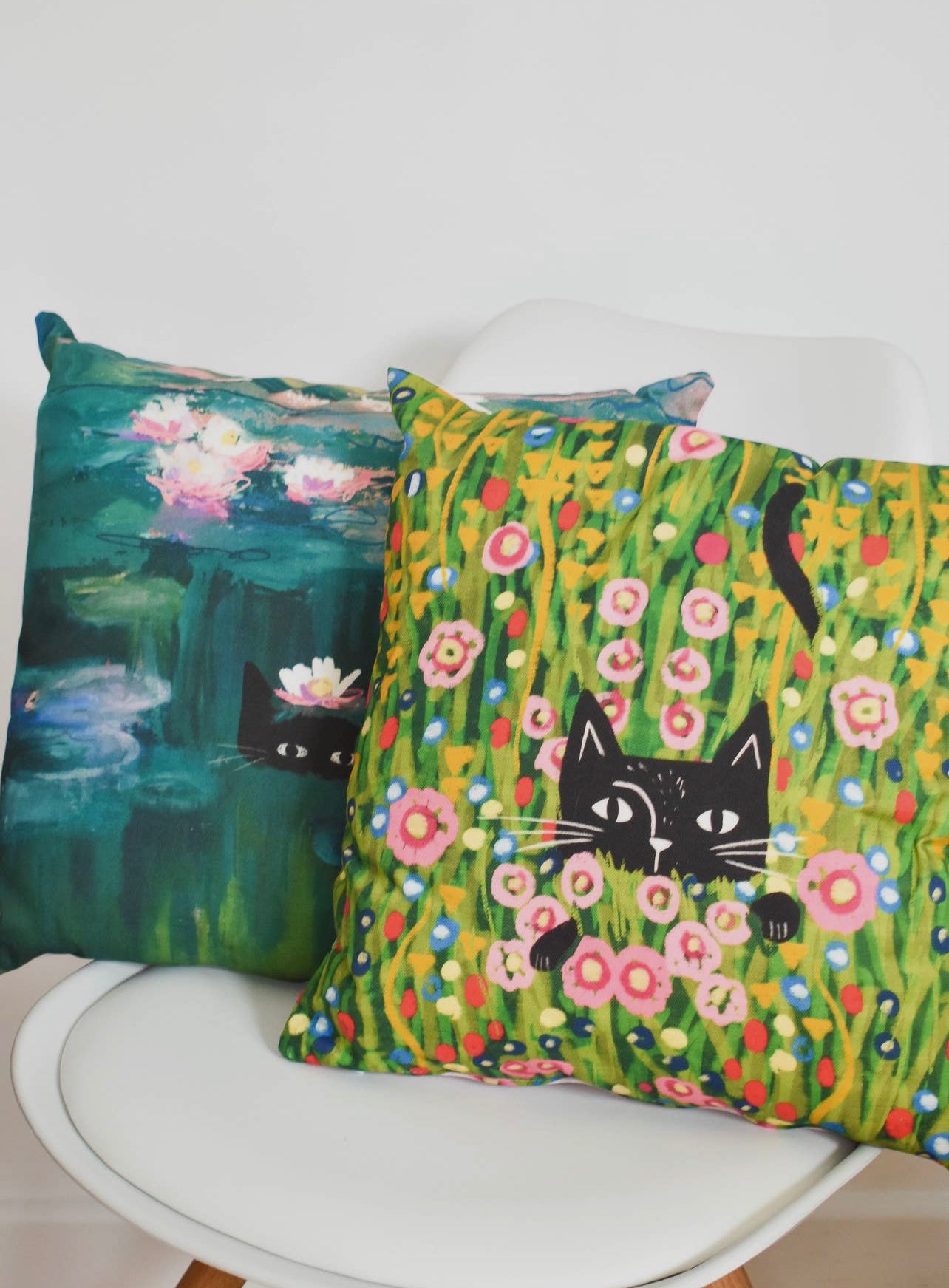 Hiding in a Klimt Garden Cat Cushion Pillow
