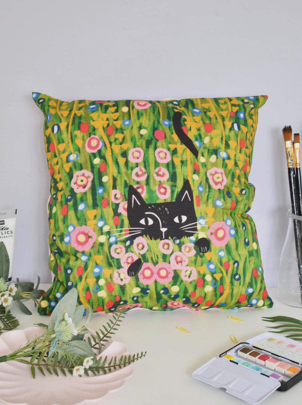 Hiding in a Klimt Garden Cat Cushion Pillow