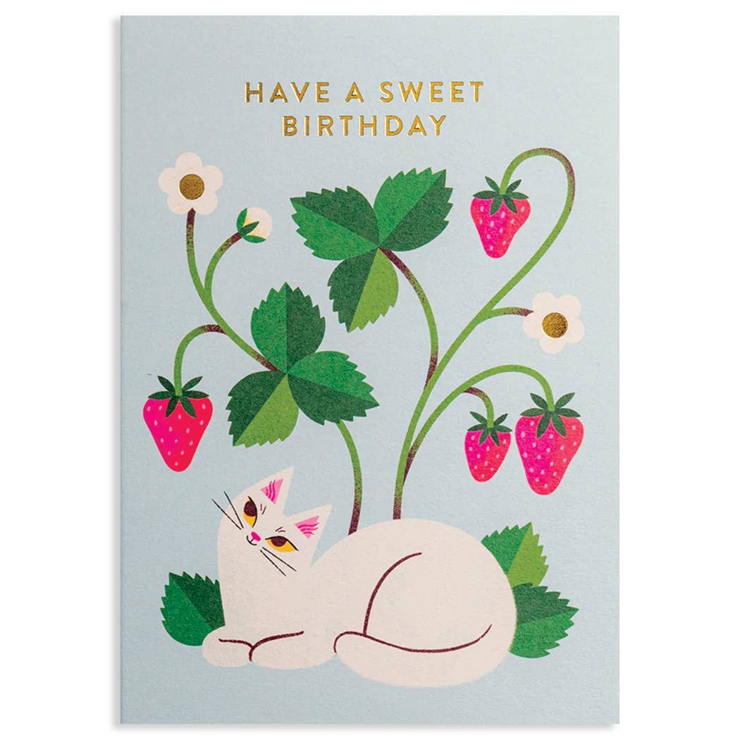 Cat & Strawberries Birthday Greeting Card-BLANK INSIDE