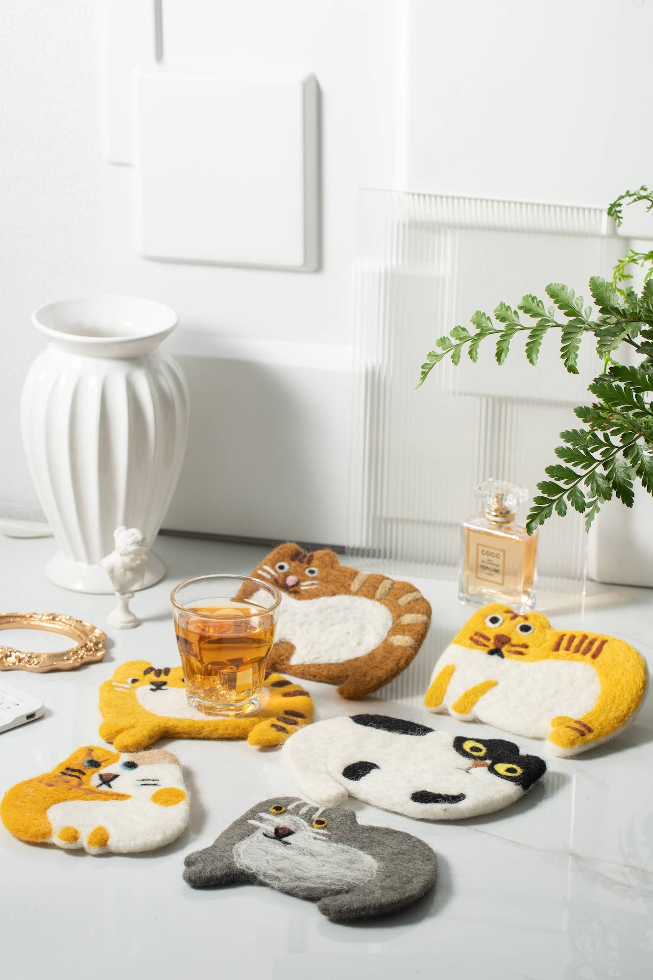 Handmade Felt Coffee Cup Mug Table Coasters - Scaredy Cats: Yellow