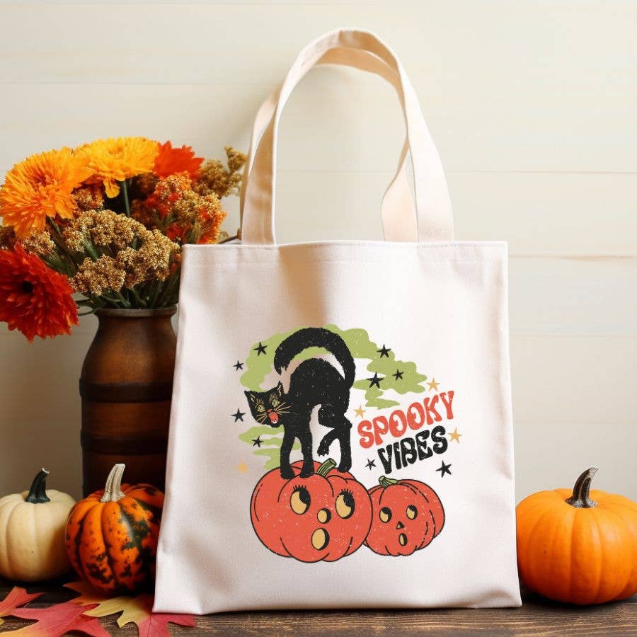 Spooky Vibes Halloween Cat Pumpkin Canvas Tote Bag
