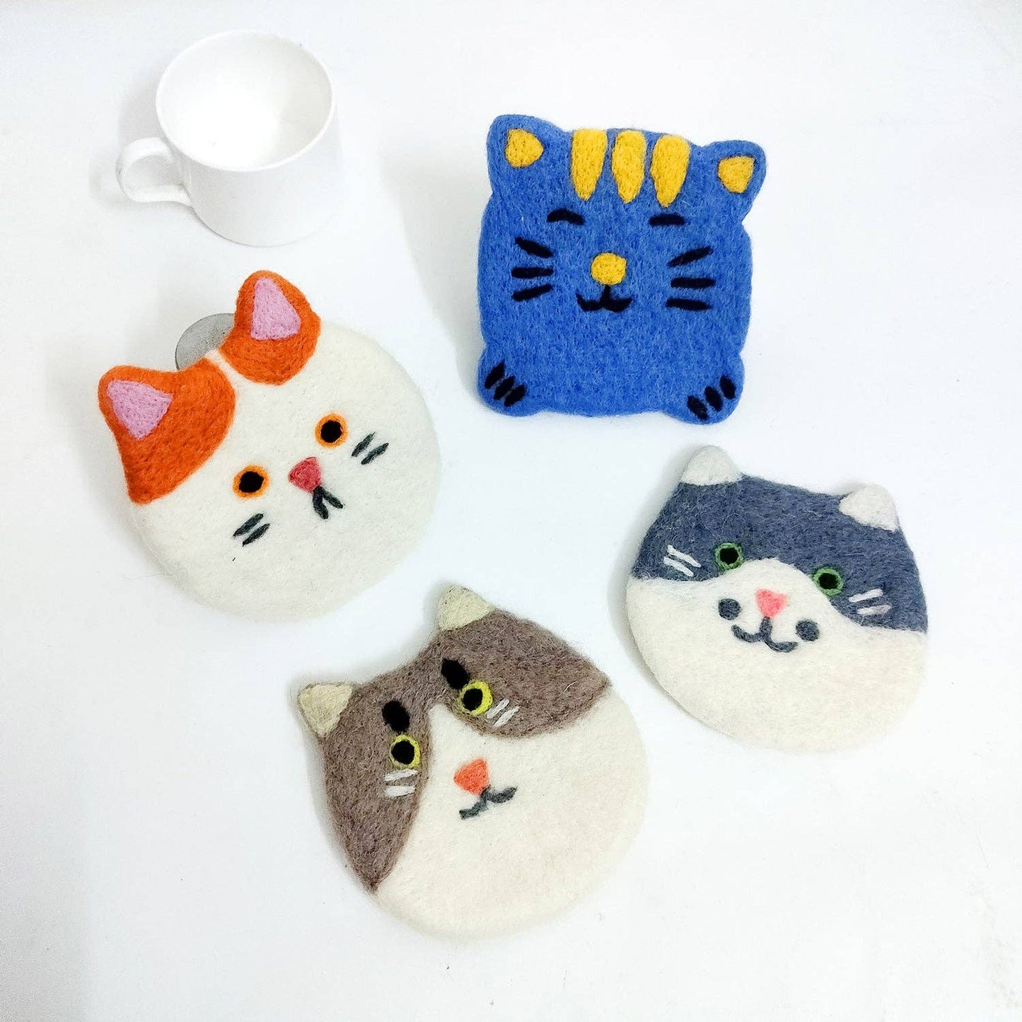 Felt Kitty Cat Coffee Cup Mug Table Mat Coasters - Happy Cats: Orange & White