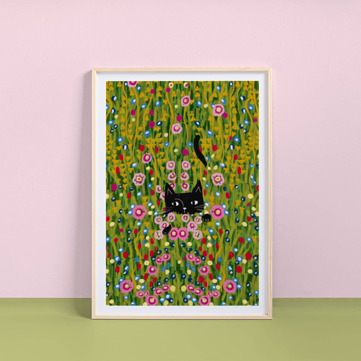 Cat hiding in a Klimt Garden Print: A4