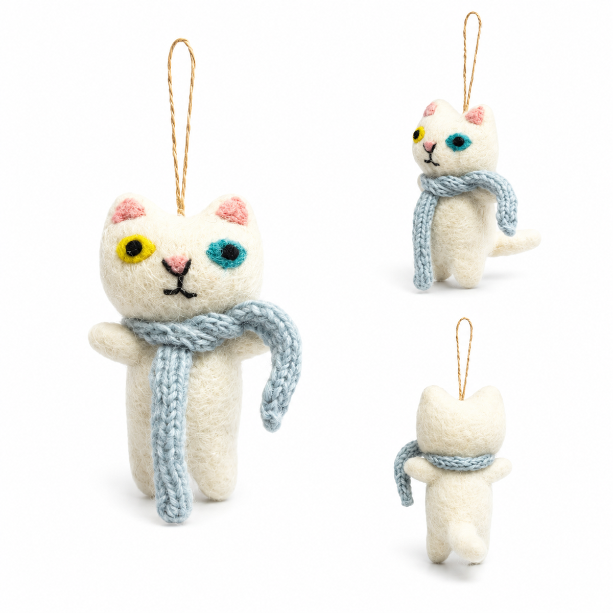 Felt Cat Ornament with Knitted Scarf: Gray