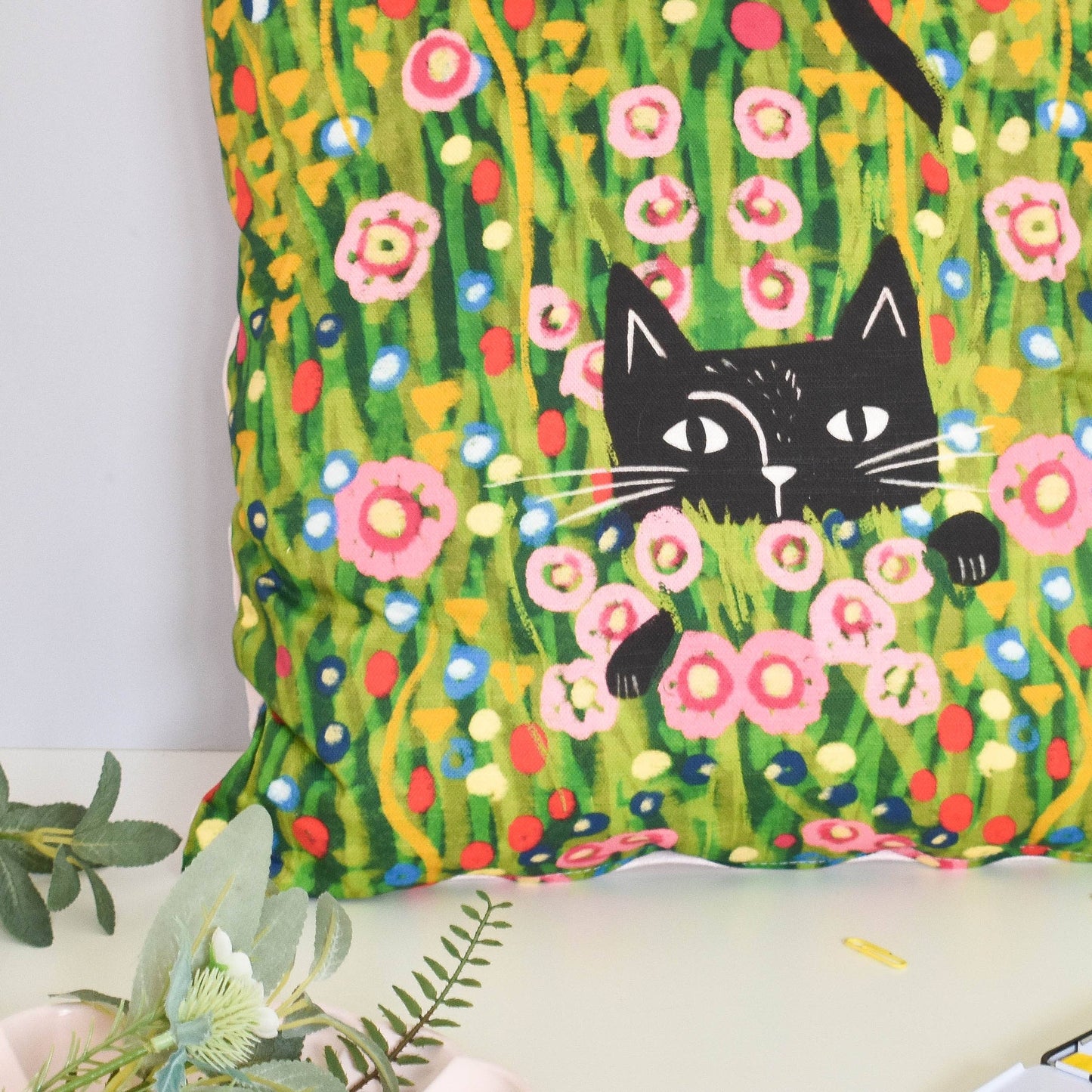 Hiding in a Klimt Garden Cat Cushion Pillow