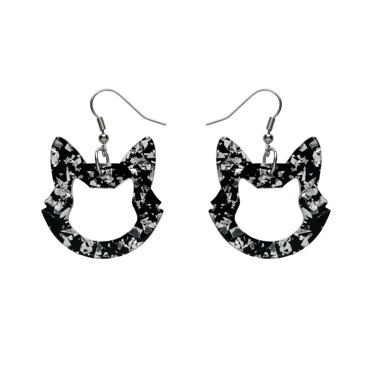 Cat Head Chunky Silver Glitter Resin Earrings FINAL SALE
