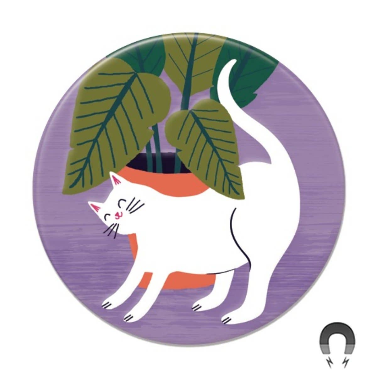 White Cat With Plant Big Magnet | Badge Bomb