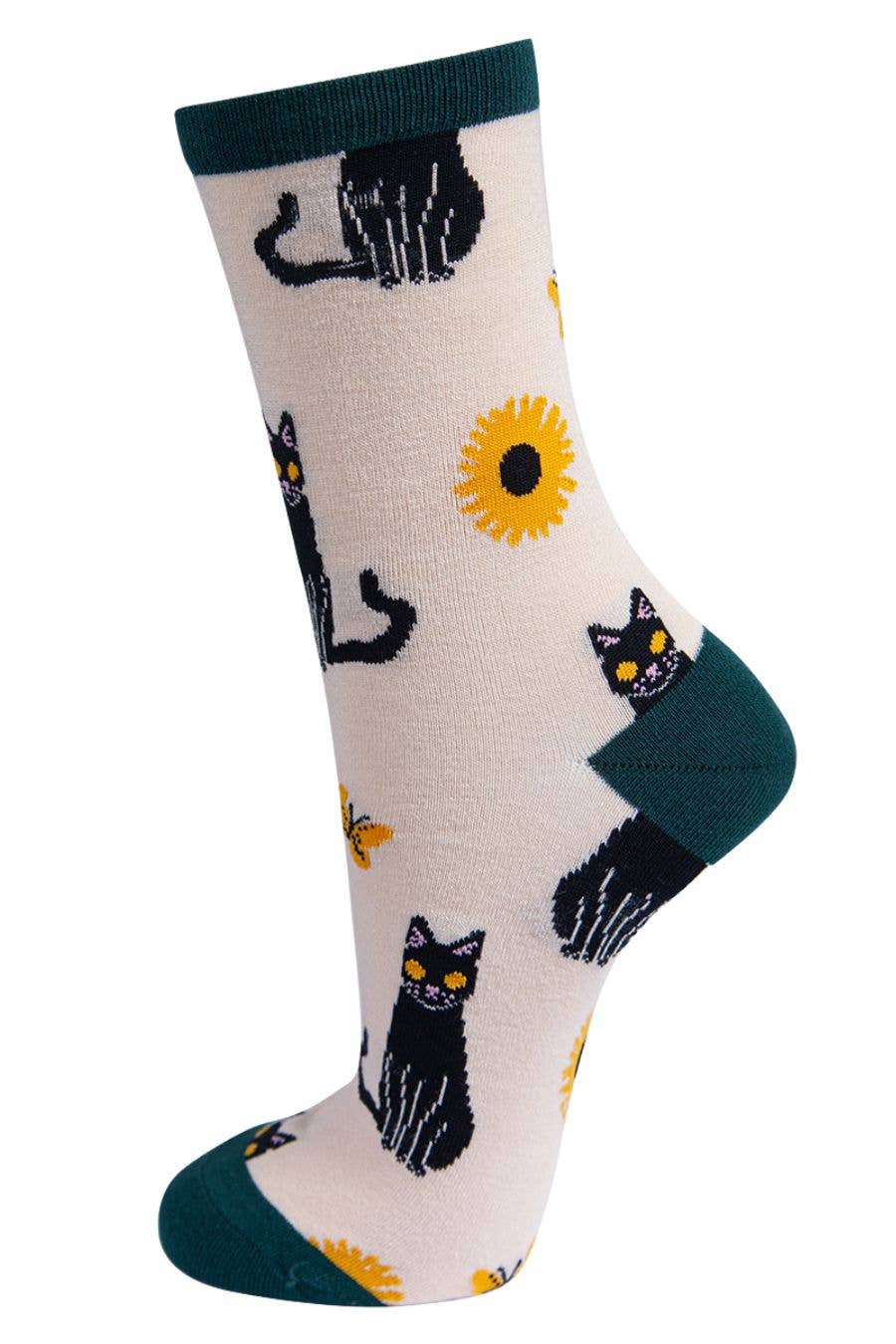 Cream Dark Green Women's Black Cat Bamboo Socks | Sock Talk