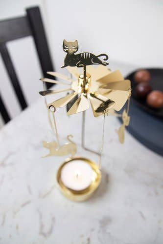 Rotary Candleholder, Cat Family, Gold Color Angel Chime Tealight Spinner