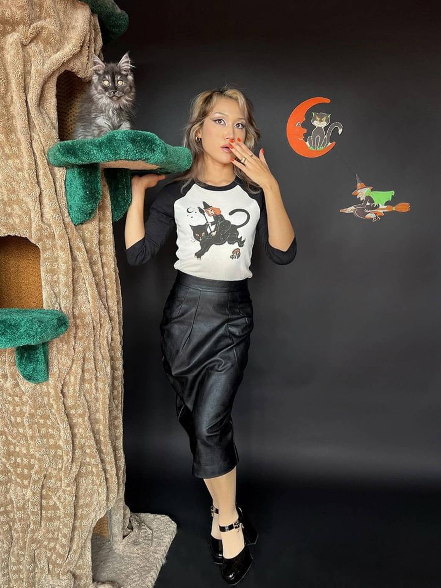 Moonlight Ride Cat 3/4 Raglan Cropped Baby tee in White/Black