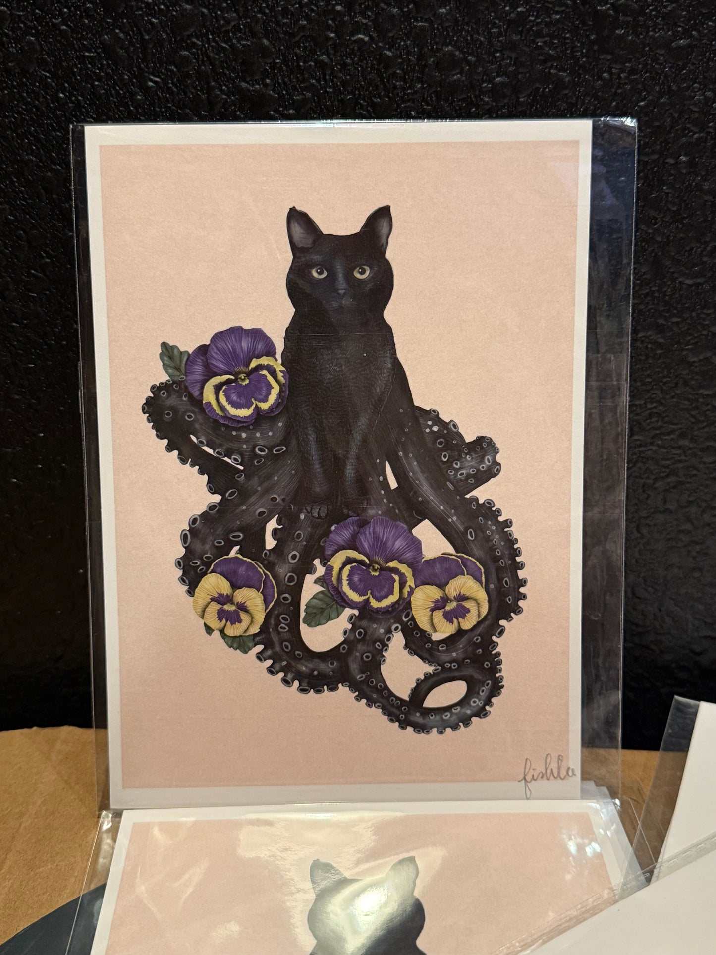 ZoOcean: [Black Catopus & Pansies] Art Print 5inx7in