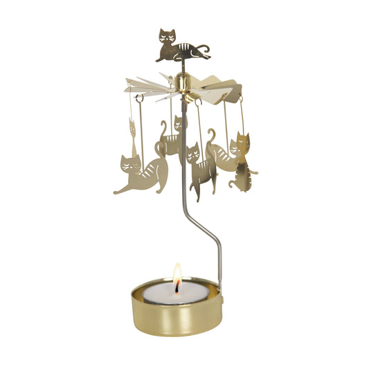 Rotary Candleholder, Cat Family, Gold Color Angel Chime Tealight Spinner