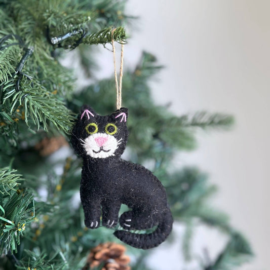 Felt Stitched Cat Ornament: Black Cat with White Face