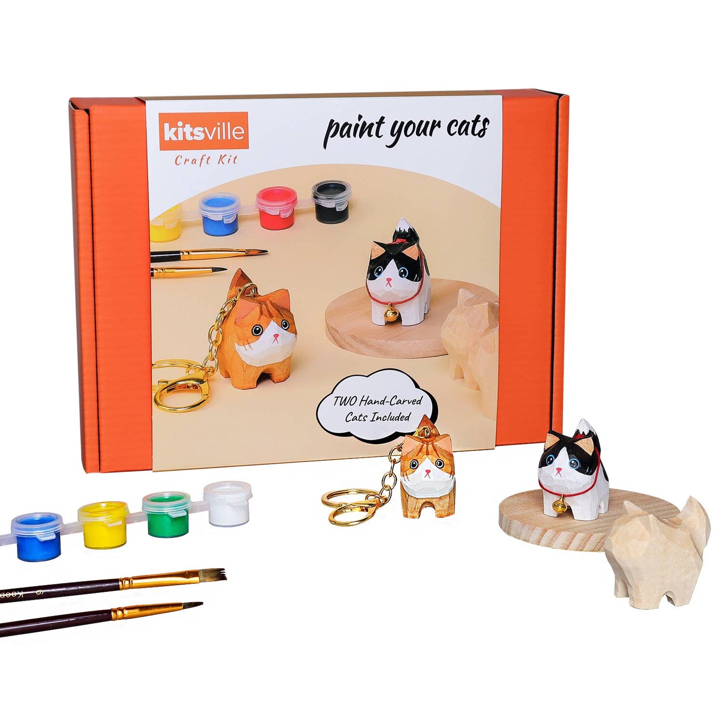 Hand-Carved Cat Painting Kit – Two Cats, Create a Keychain