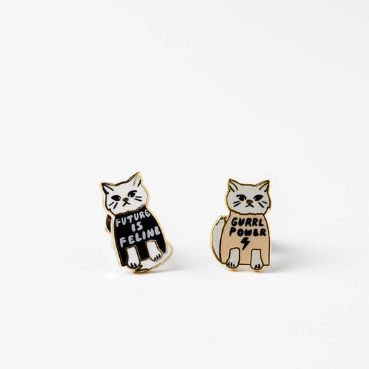 Girl Power Earrings - Gold Cat Statement Studs