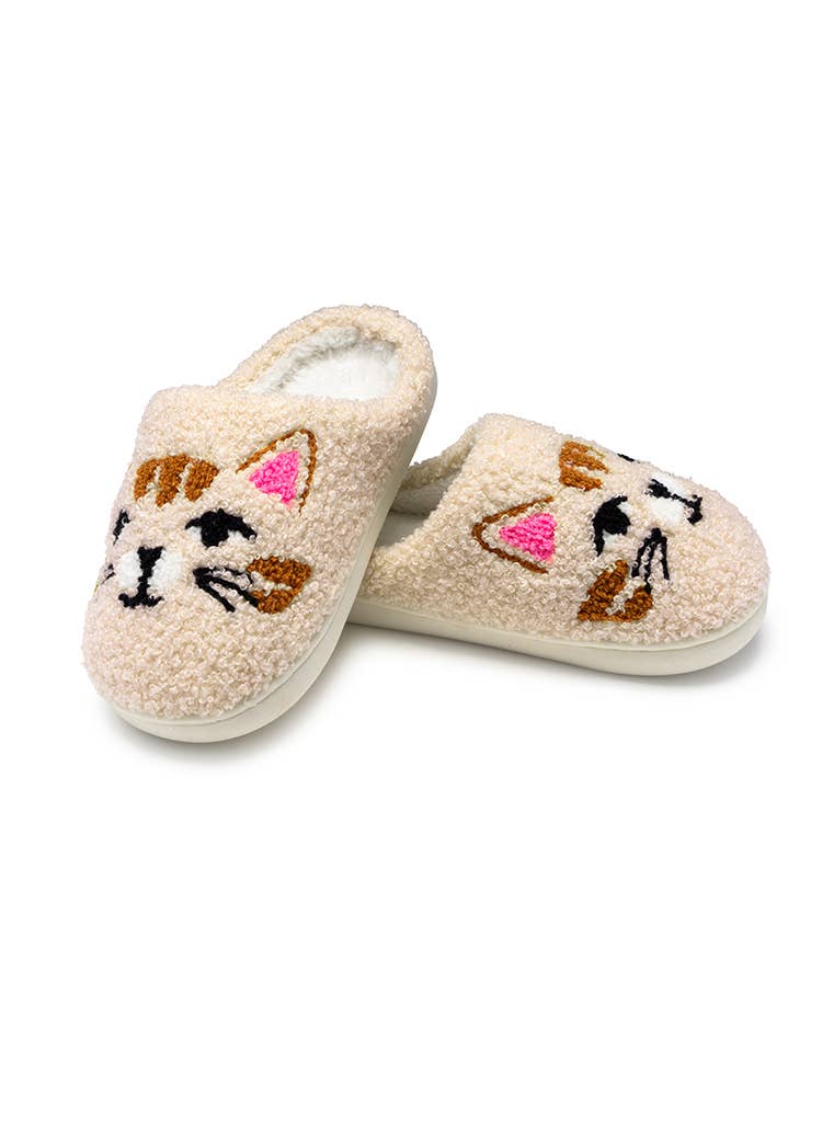 Indoor / Outdoor Slippers - Kids - Kitty Cat Faces - Cream: BIG KIDS 1-3