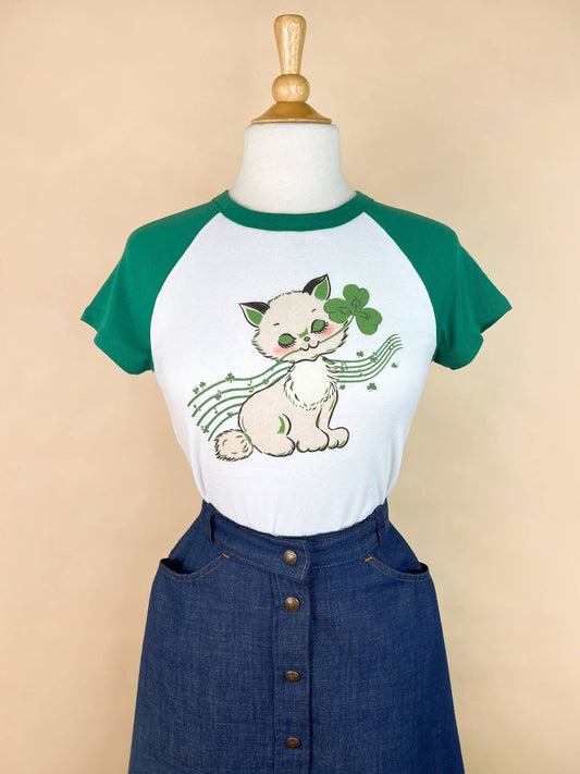 Paws of Luck Short Raglan Cropped Baby tee in White/Green: Unisex