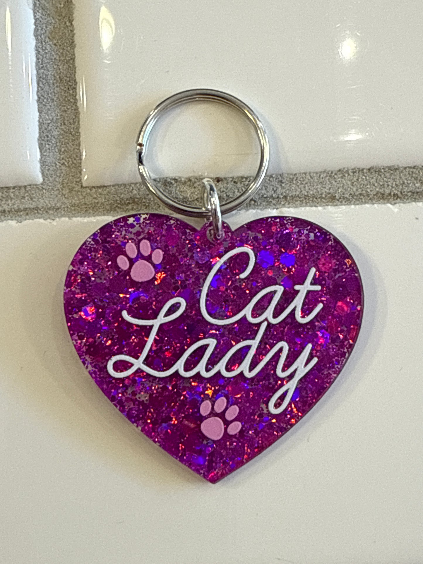 Cat Lady - Keychain : Pink/Purple Glitter