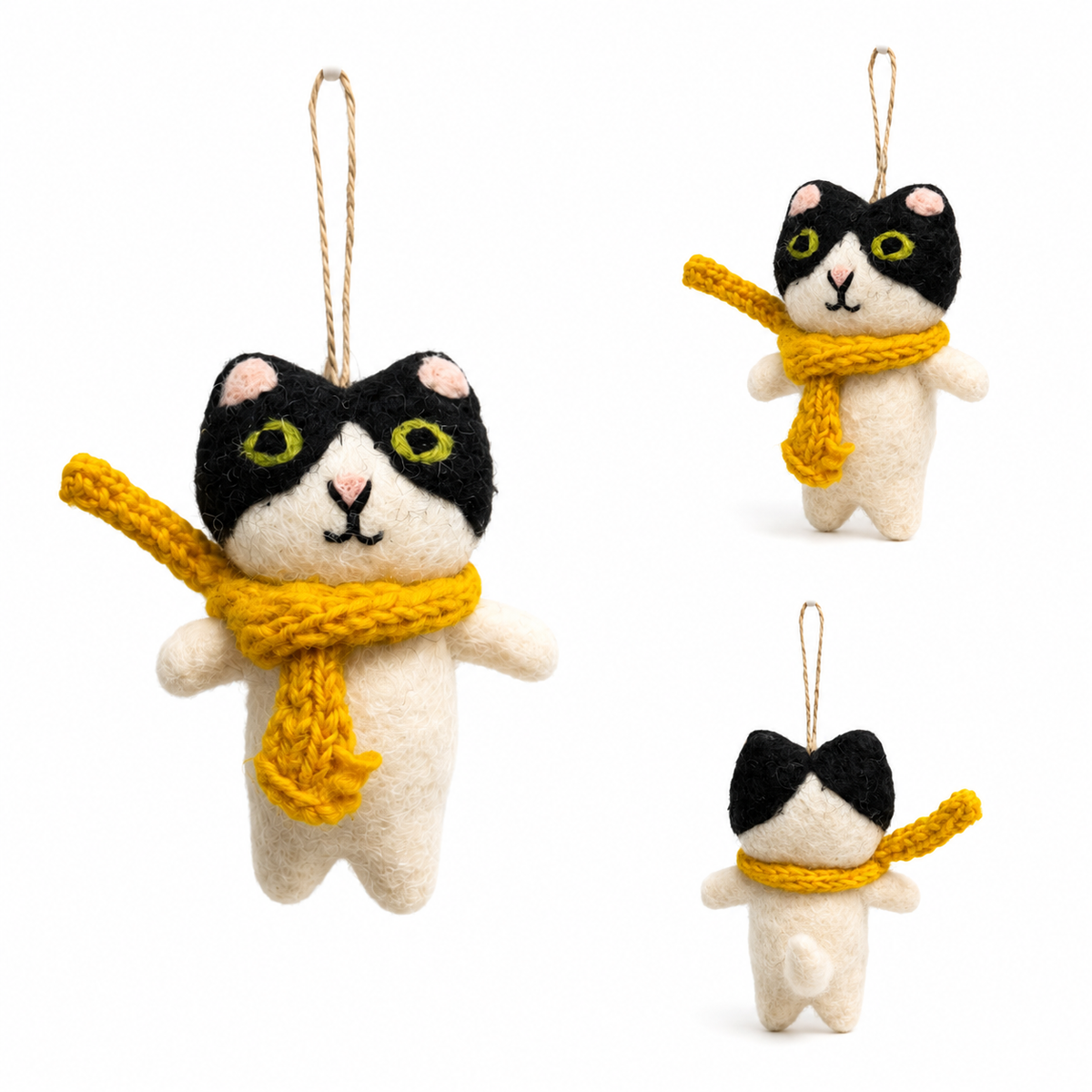 Felt Cat Ornament with Knitted Scarf: Gray