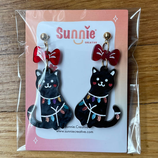 Holiday Cat Friends Earrings: Black Xmas Light Cat