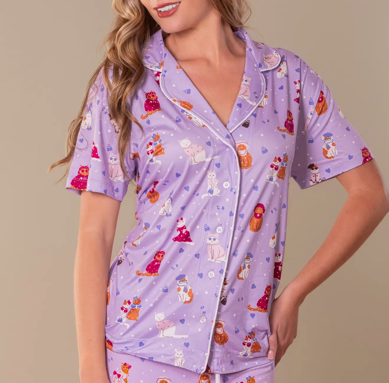 Cattitude Pajama Top | Purple Kitty Cat PJs For Women