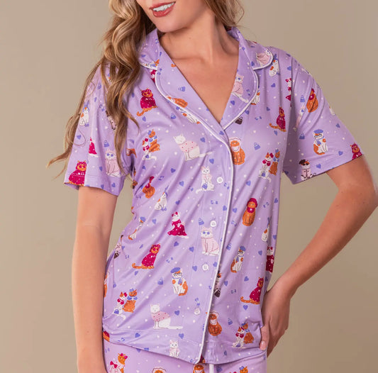 Cattitude Pajama Top | Purple Kitty Cat PJs For Women