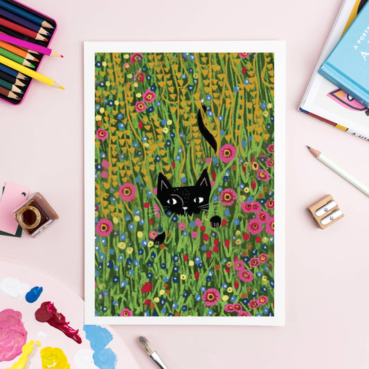 Cat hiding in a Klimt Garden Print: A4