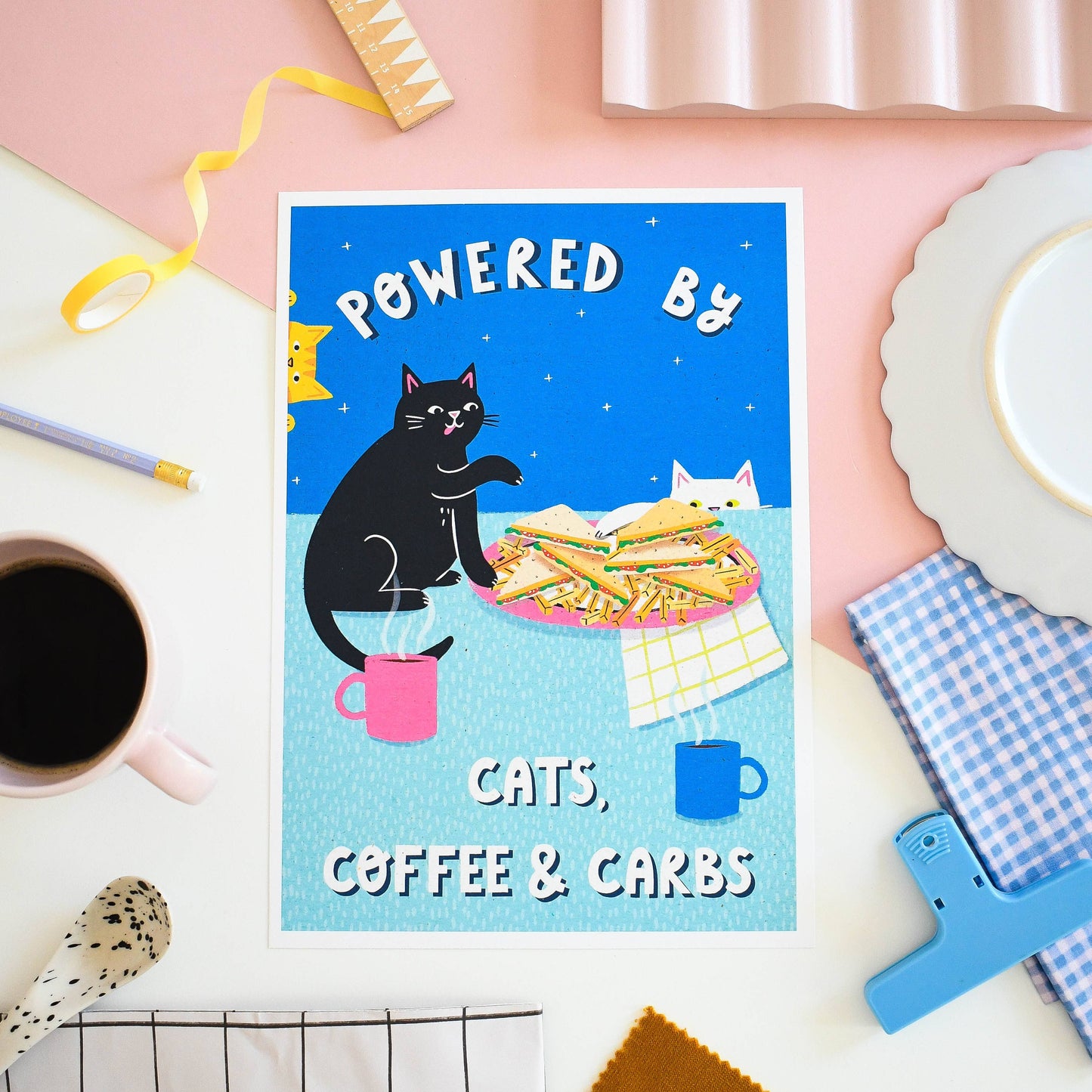 Powered By Coffee, Carbs & Cats  – A4 Heavyweight Art Print