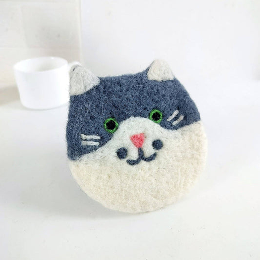 Felt Kitty Cat Coffee Cup Mug Table Mat Coasters - Happy Cats: Dark Grey & White