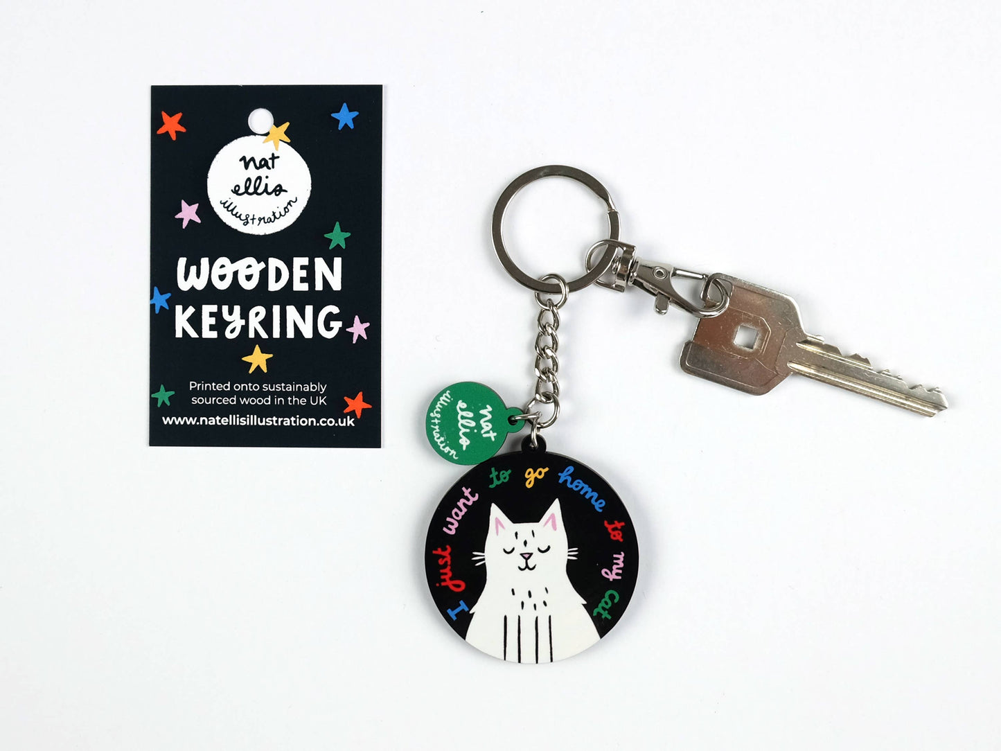 I Just Want To Go Home To My Cat - Wooden Keyring - White