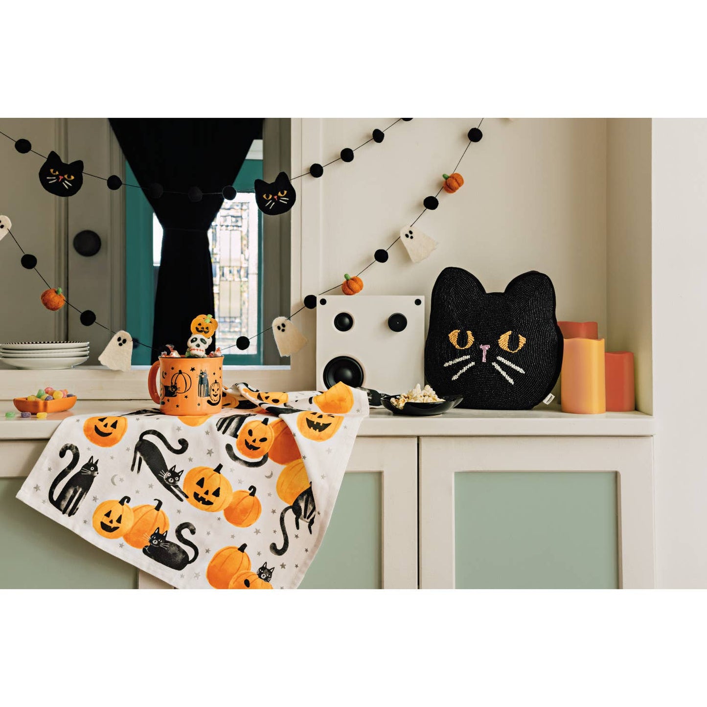Black Cat Beaded Throw Pillow