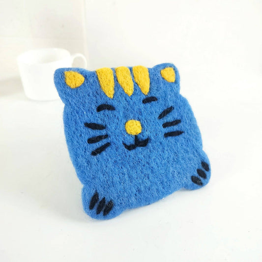 Felt Kitty Cat Coffee Cup Mug Table Mat Coasters - Happy Cats: Blue & Yellow