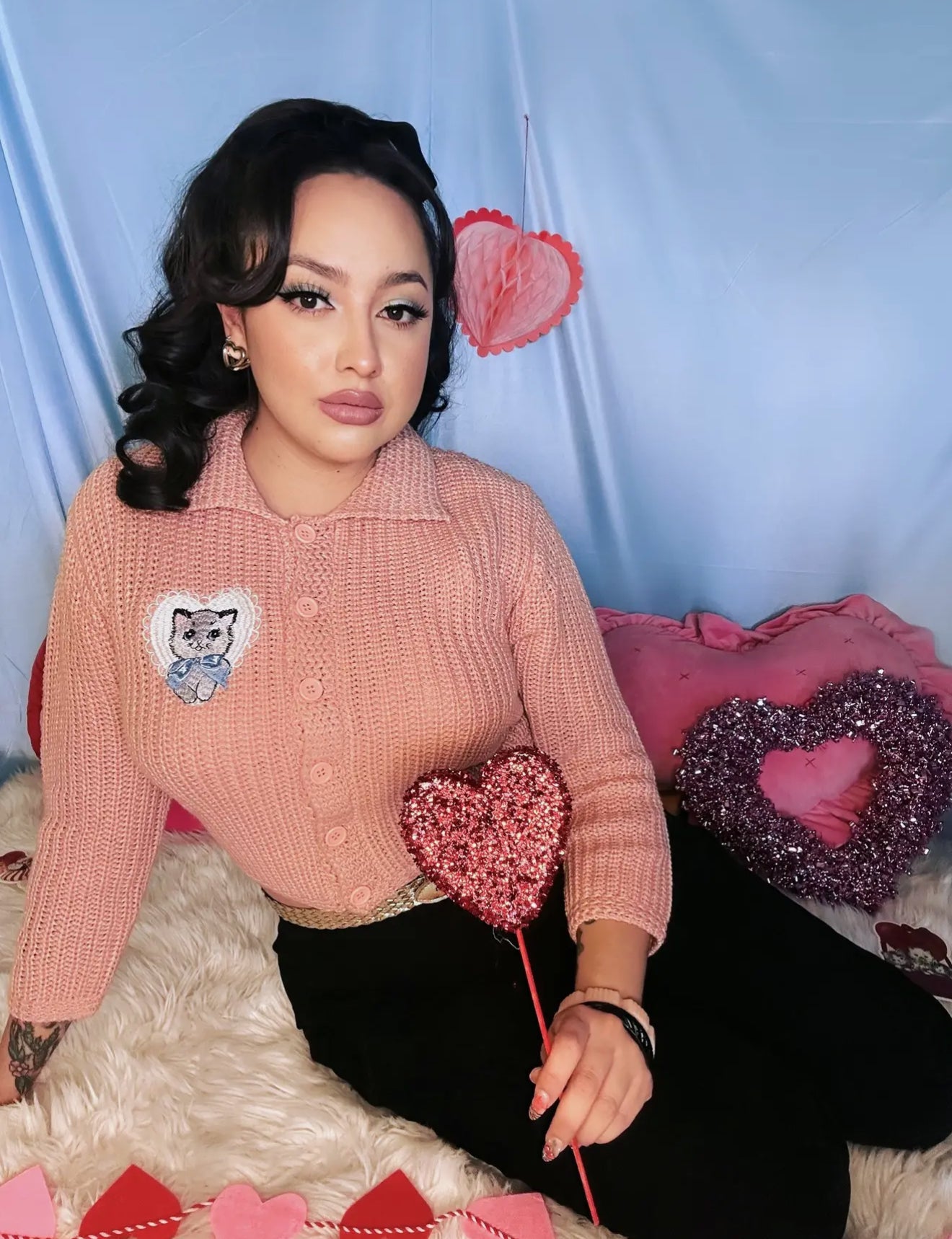 Dreamy Kitten Collared Cropped Sweater in Peach