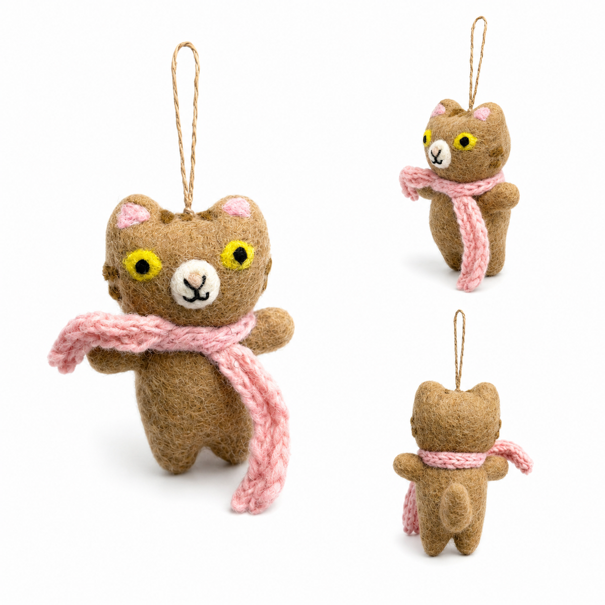 Felt Cat Ornament with Knitted Scarf: Gray
