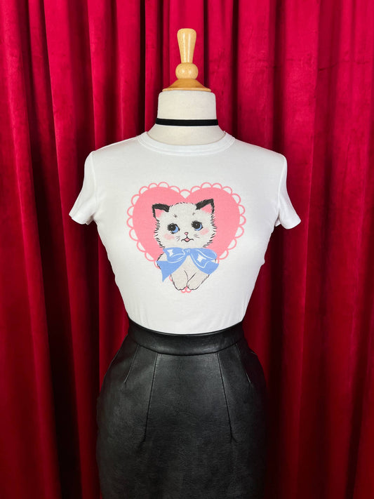 Dreamy Kitten Cropped Baby Tee in White