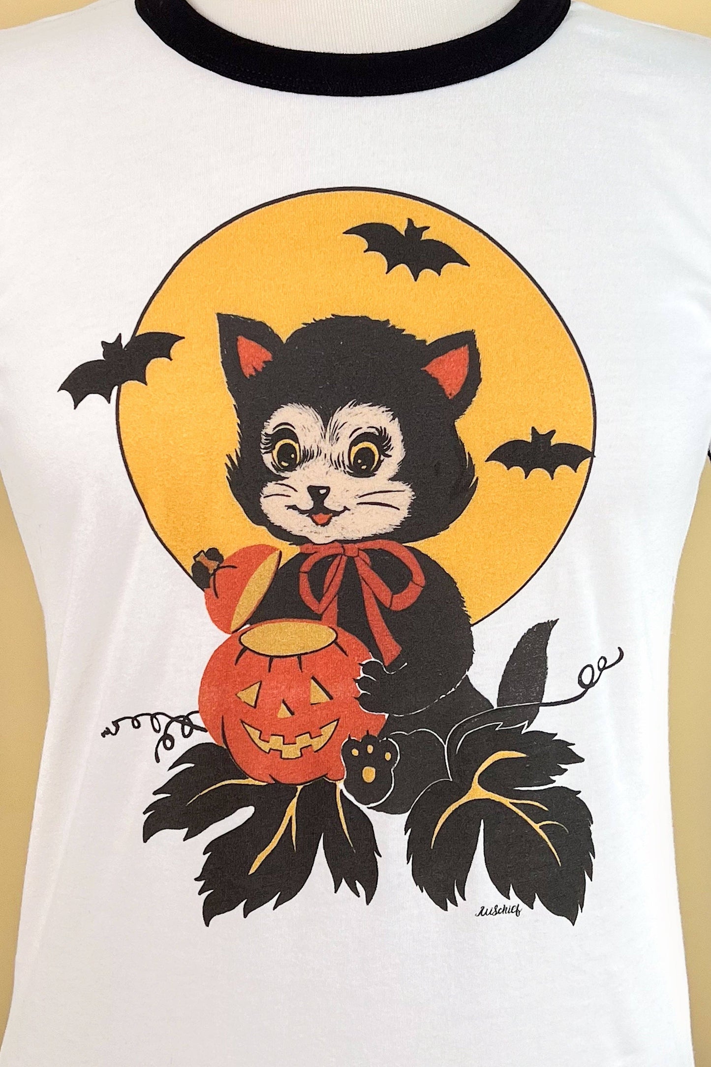 [Unisex]Black Cat Night Ringer Tee in White/Black