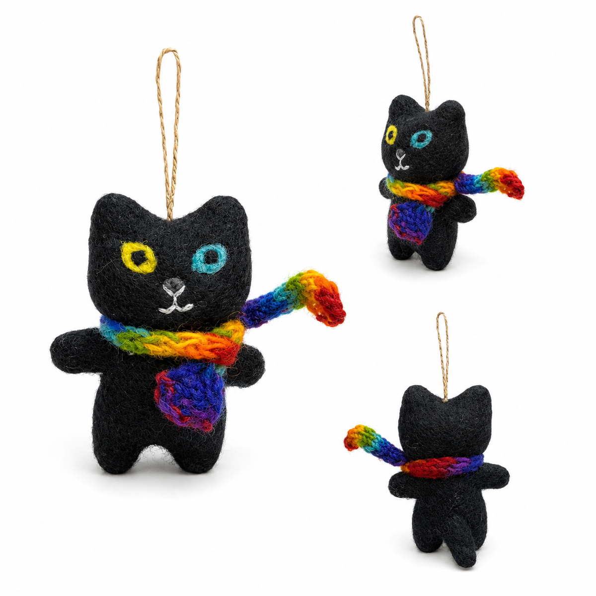 Felt Cat Ornament with Knitted Scarf: Black