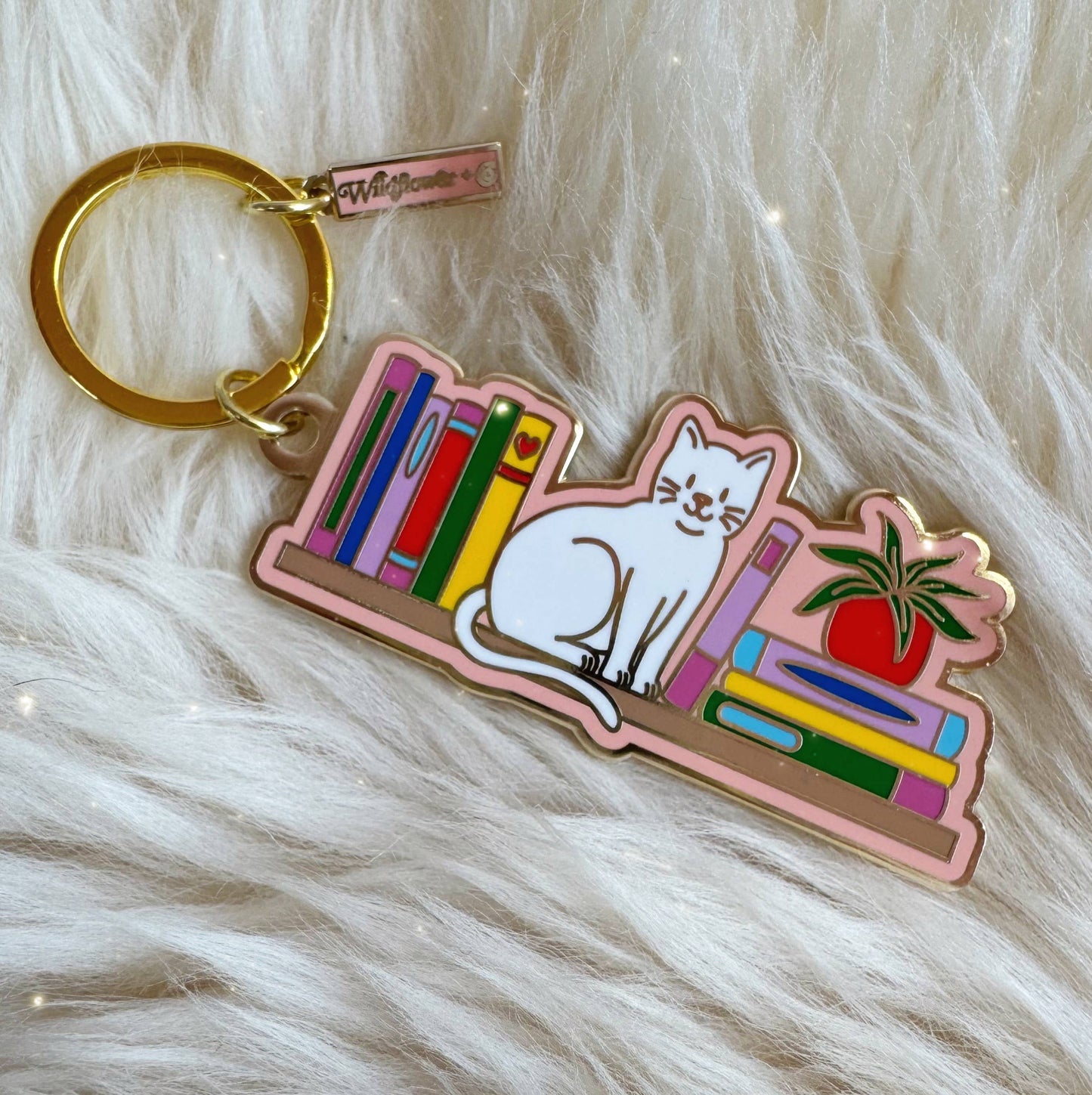 Cat Bookshelf Enamel Keychain: Packaged